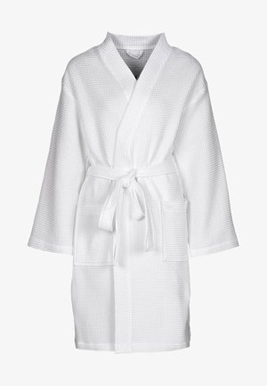 White waffle-textured bathrobe with a tie belt, long sleeves, and two pockets. Lightweight and designed for comfort and ease of wear.