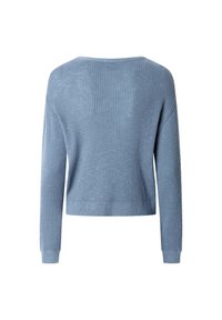 Maglione blu a coste con maniche lunghe e scollo ampio, caratterizzato da una lunghezza cropped e una finitura testurizzata.