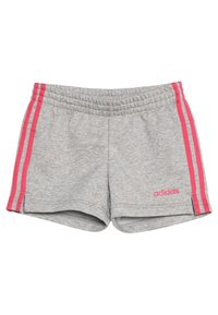 Gray athletic shorts with an elastic waistband, featuring pink side stripes and an embroidered logo on the front. Short length and soft texture.