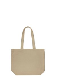 Sac fourre-tout en coton beige avec deux poignées, forme rectangulaire et coins inférieurs plats, présenté sur un fond blanc.
