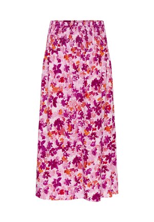 Cvjetna midi suknja s gumbenim pojasom, koja ima ružičastu podlogu s ljubičastim, narančastim i crvenim uzorcima cvjetova u akvareli. Proljetni dizajn tkanine.