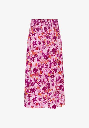 Virágos midi szoknya rugalmas derékkal, rózsaszín alappal, lila, narancs és piros akvarell virágmintákkal. Lágyan áramló anyag.