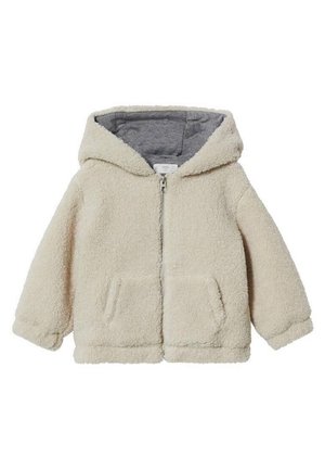 Veste à capuche pour enfant de couleur crème avec fermeture éclair à l'avant, deux poches avant et une texture douce et duveteuse.