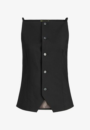 Haut structuré noir sans manches avec fermeture à boutons sur le devant et légère fente à l'ourlet, coupe ajustée.