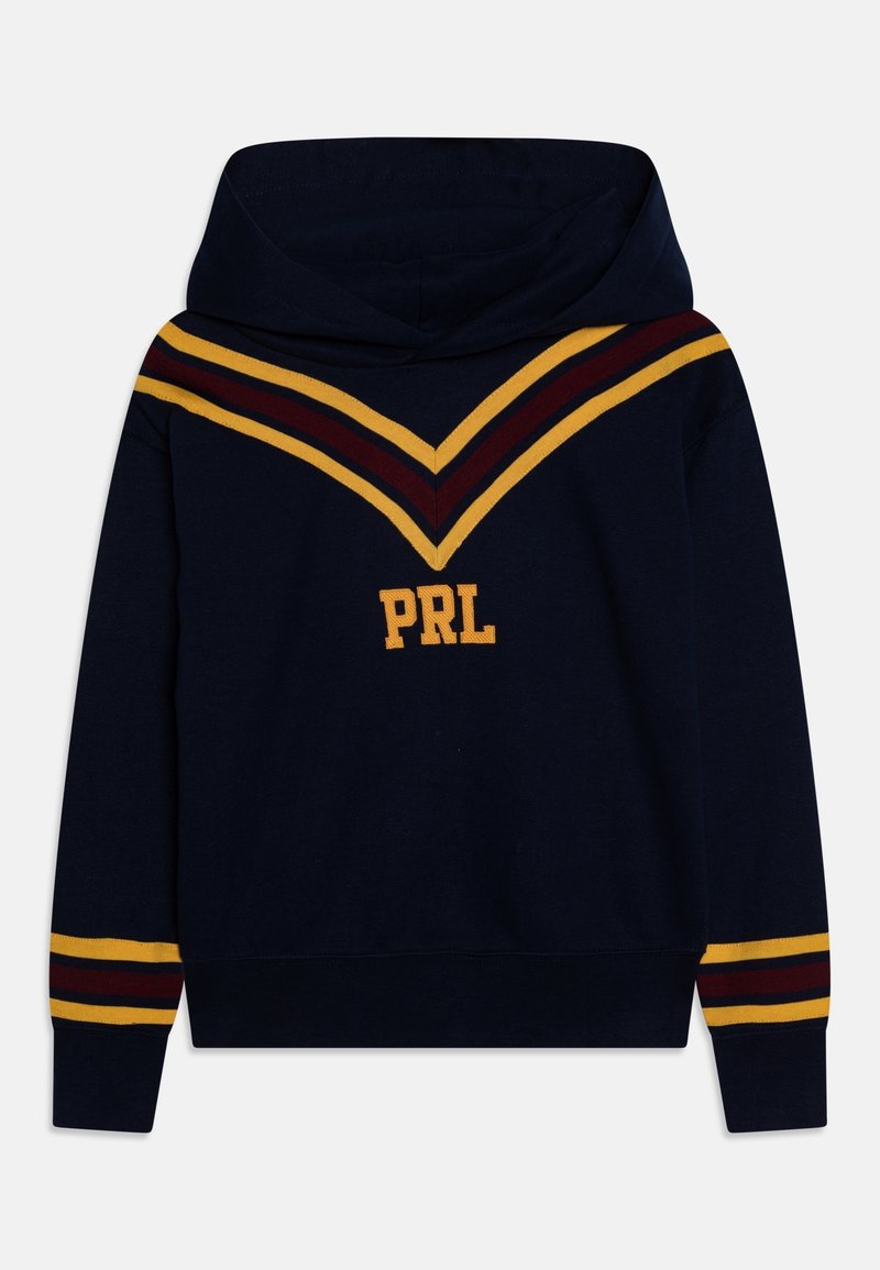 Sweat à capuche bleu marine avec rayures chevron jaunes et bordeaux sur la poitrine et les manches, arborant les lettres "PRL" jaunes à l'avant.