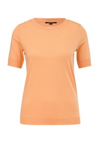 Top tricoté pêche pour femme à manches courtes avec encolure ronde et poignets et ourlet côtelés ajustés, taille 38.