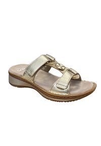 Gold leather slide sandal with two adjustable straps and a circular decorative accent. Features a textured sole and cushioned footbed.