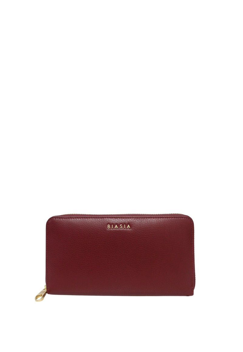 Portafoglio in pelle color bordeaux con una texture morbida, chiusura con zip e logo dorato "BIASIA" sul fronte. Forma rettangolare con angoli arrotondati.
