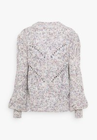 Sweter kardigan z wielokolorowej włóczki w wzór zygzakowy z koronkowymi detalami. Posiada okrągły dekolt i rękawy balonowe. Miękka tekstura.