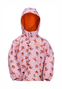 Veste imperméable rose avec un intérieur orange, ornée de motifs ludiques de personnages noirs et orange, capuche ajustable et poignets élastiques.