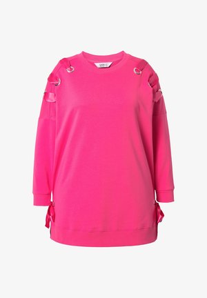 Roze sweatshirt van katoen, met lange mouwen voorzien van metalen ringen en satijnen strikjes bij de schouders en zijkanten. Ronde halslijn en een losse pasvorm.