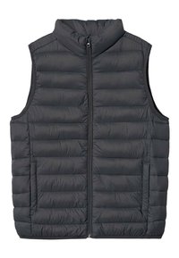 Padded gray vest with a high collar, zip front, and two side pockets. Features horizontal stitching and a smooth, lightweight texture.