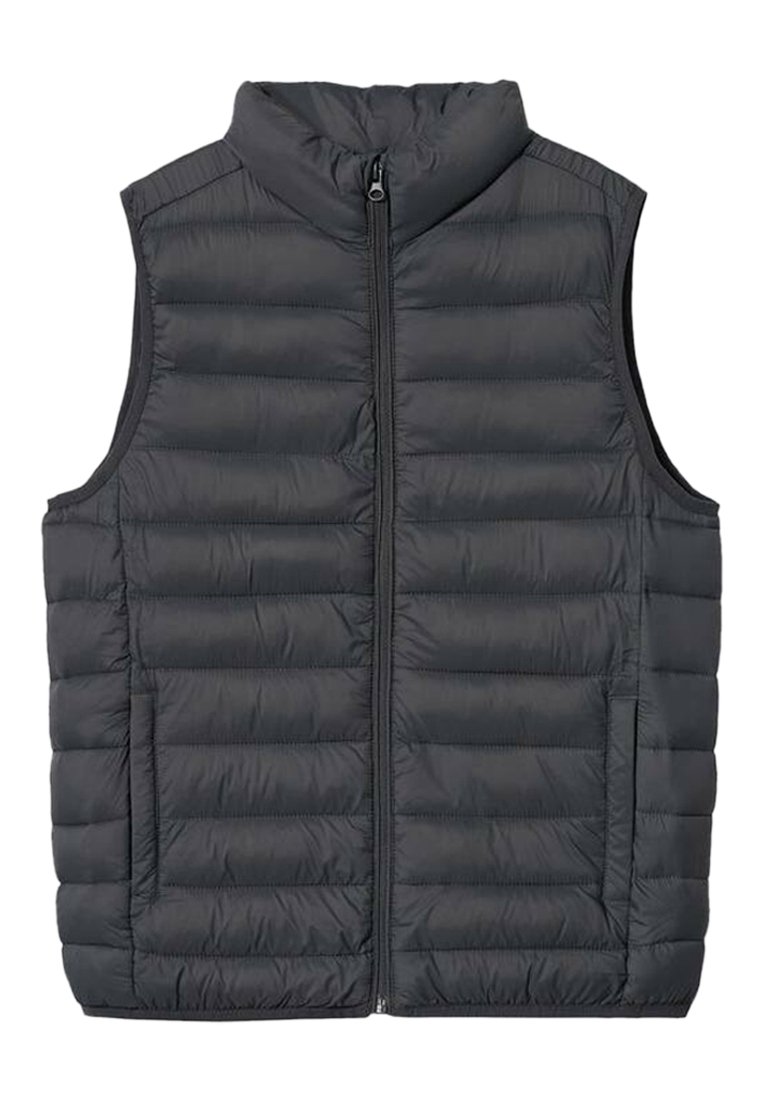 Padded gray vest with a high collar, zip front, and two side pockets. Features horizontal stitching and a smooth, lightweight texture.
