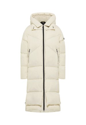 Lange, crèmekleurige pufferjas met een capuchon, ritssluiting en twee zijzakken. Getextureerd, geblokt patroon met accenten op de schouders en de capuchon.