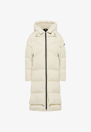 Lange, crèmekleurige pufferjas met een capuchon, ritssluiting en twee zijzakken. Getextureerd, geblokt patroon met accenten op de schouders en de capuchon.