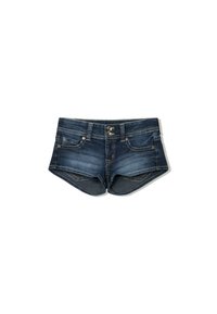 Denim shorts in dark blue with a fitted design, frayed hem, two front pockets, and a button closure. Distinct contrast stitching details.