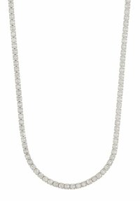 Rhinestone-halsband med en serie små, runda stenar i en enkel rad, säkrad med en diskret lås i silverfinish.