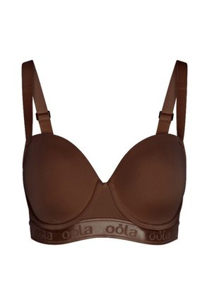 Bruine gewatteerde bh met verstelbare banden, gladde stof en een logoband. Heeft een plunge-ontwerp en naadloze cups voor een strakke uitstraling.