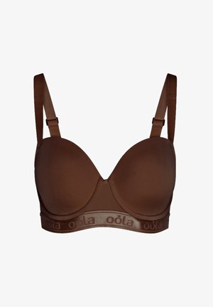 Bruine gewatteerde bh met verstelbare banden, gladde stof en een logoband. Heeft een plunge-ontwerp en naadloze cups voor een strakke uitstraling.