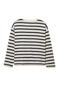 T-shirt à manches longues rayé avec des rayures horizontales bleu marine et crème, un col rond et une coupe décontractée avec des détails de couture visibles.