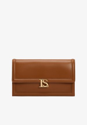 Rudas odinis rankinukas su auksiniais inicialais. Pasižymi glotnia stačiakampio forma ir užlenkiamu dangteliu.