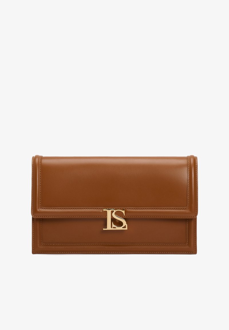 Rudas odinis rankinukas su auksiniais inicialais. Pasižymi glotnia stačiakampio forma ir užlenkiamu dangteliu.