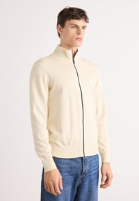 Pull zippé beige clair avec un col haut, texture tricotée et poignets côtelés. Associé à un jean en denim bleu.