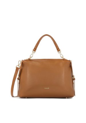 Brown leather handbag with a textured finish, featuring a single top handle, detachable shoulder strap, and gold accents at hardware.