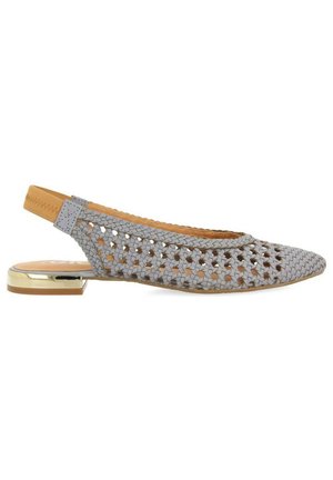 Chaussure à bride arrière tissée grise avec un bout pointu, un dessus texturé et un talon bas rehaussé d'or. Doublure et rembourrage en cuir pour le confort.