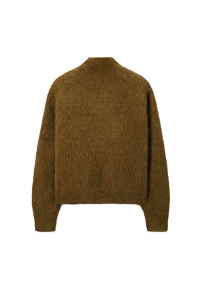 Bruine donzige longsleeve trui met hoge kraag, van achteren getoond op een witte achtergrond.