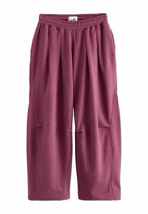 Locker sitzende, midilange mauvefarbene Hose mit elastischem Bund und Seitentaschen, aus weichem Stoff mit dezenten Falten.