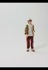 Niño con gorra blanca, camiseta de rayas, cárdigan de rayas amarillas y marrones, pantalones deportivos granate y zapatillas coloridas, de pie sobre fondo blanco.