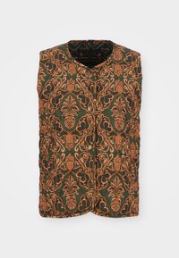 Quilted vest in green fabric featuring an intricate orange floral pattern, rounded collar, and front button closure.