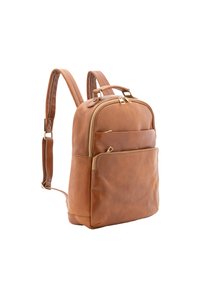 Zaino in pelle marrone con finiture in oro, spallacci imbottiti, tasca frontale con zipper e un design elegante e strutturato.