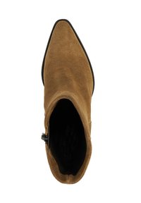 Botillons en daim marron avec un bout pointu, un talon bas et une fermeture éclair sur le côté. L'intérieur est noir avec une texture lisse.