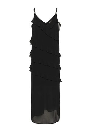 Robe midi noire sans manches avec des fines bretelles et des volants en diagonale superposés à l'avant et sur les côtés, tissu transparent au niveau de l'ourlet.