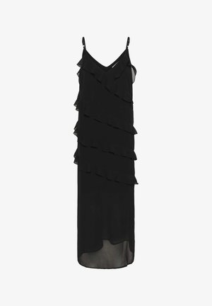 Black sleeveless midi dress with thin straps and layered diagonal ruffles on front and sides, sheer fabric at hem.