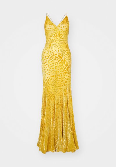 Yellow leopard print dress, sleeveless with a V-neck, fitted bodice, and flowing skirt, made from a glossy, textured fabric.