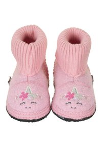 Paire de chaussons roses pour enfants avec poignets tricotés, visages de licorne et broderie florale sur tissu doux et texturé.