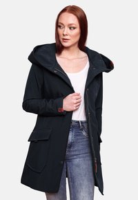 Dark navy long jacket with a hood, front zipper, two large pockets, and zipper detail. Made of smooth fabric with a slight sheen.