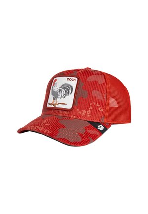 Casquette camouflage rouge avec un dos en mesh, ornée d'un patch brodé représentant un coq et du mot "COQ" sur le panneau avant.