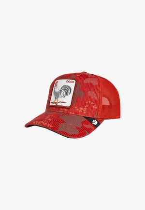 Red camouflage cap with mesh back featuring an embroidered patch of a rooster and the word "COCK" on the front panel.