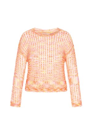 Knitted sweater with long sleeves, featuring a lightweight, open weave in gradient shades of pink and orange. Round neckline and cropped design.