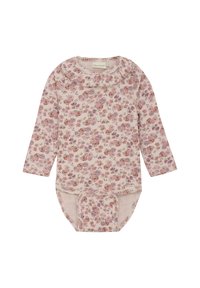 Bodysuit à manches longues pour bébé en tissu côtelé doux avec un motif floral rose clair, présentant un col volé et des boutons-pression à la base.