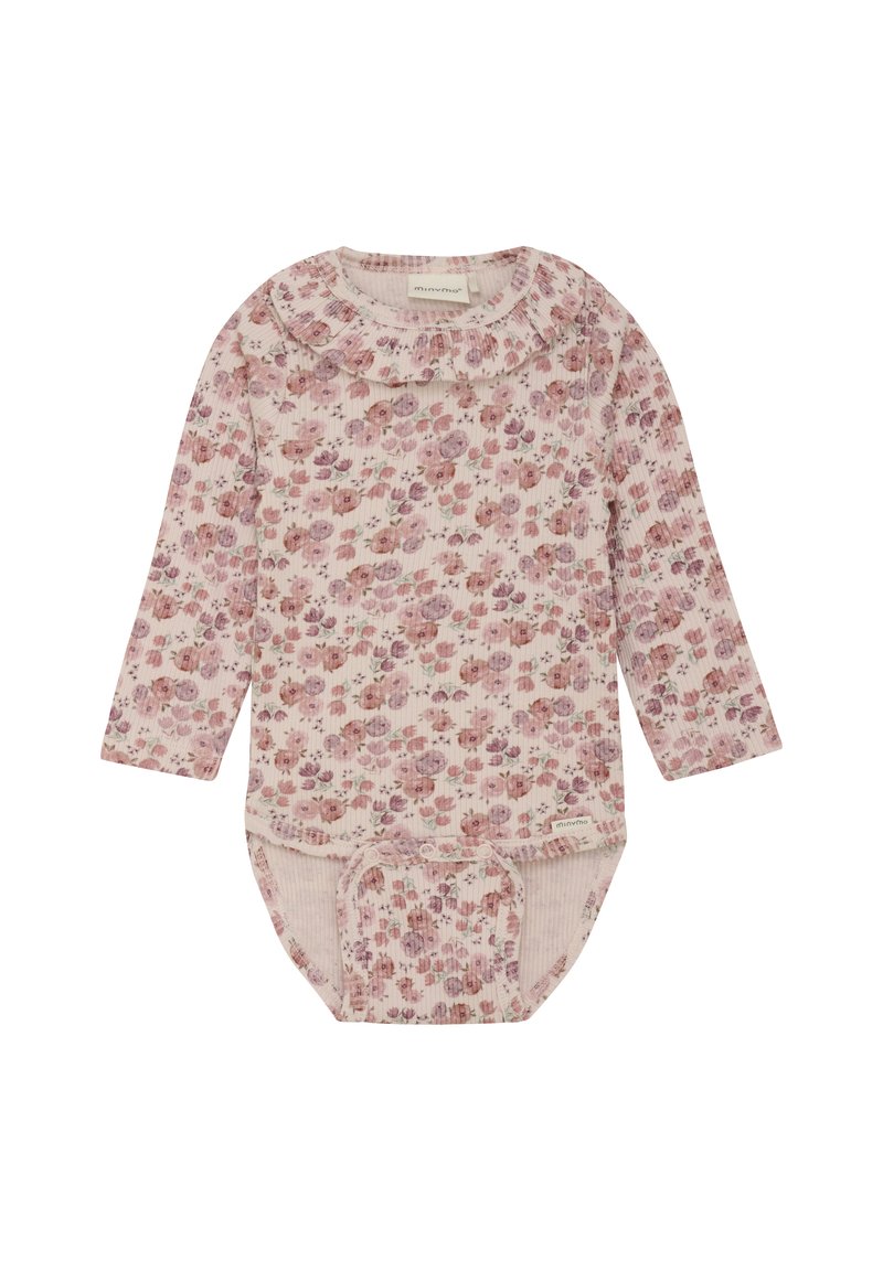 Bodysuit à manches longues pour bébé en tissu côtelé doux avec un motif floral rose clair, présentant un col volé et des boutons-pression à la base.