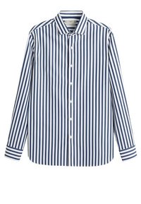 Camicia a righe navy e bianche con maniche lunghe, apertura con bottoni, colletto e polsini a contrasto. Realizzata in materiale di cotone leggero.