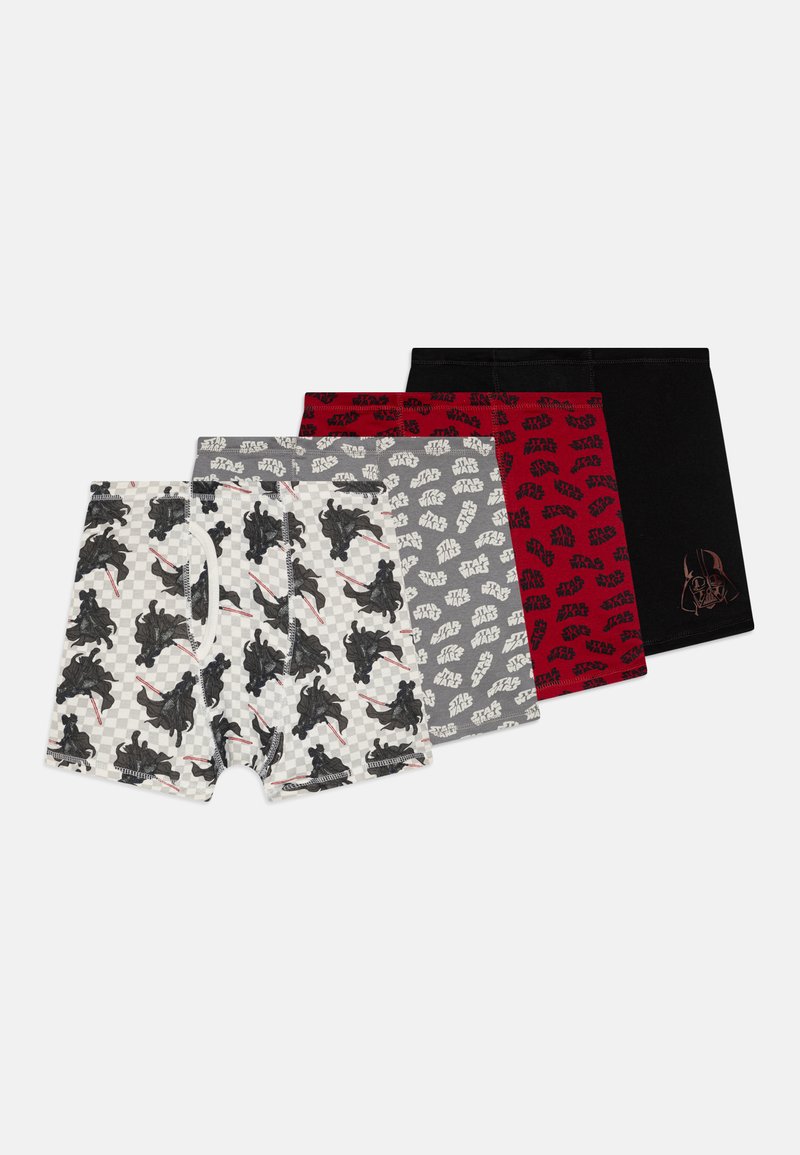 Quatre paires de boxers. Comprend des couleurs noire, rouge, grise et blanche avec des motifs de Dark Vador et le logo "Star Wars". Matériau en coton.