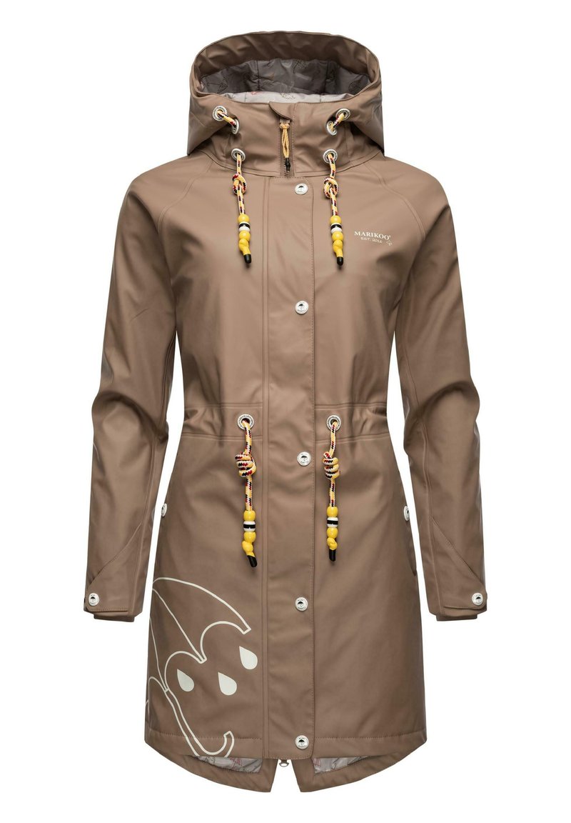 Brown waterproof raincoat with a hood, featuring colorful drawstrings, snap buttons, and a large white umbrella graphic on the hem.