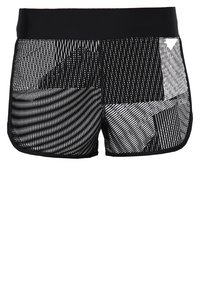Svarta och vita sportshorts med en blandning av linjära och geometriska mönster, en bred svart midjeresår och kontrasterande texturer.