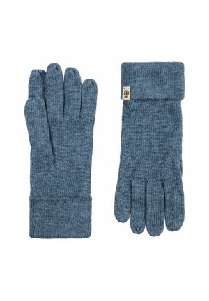 Pair of blue knitted wool gloves with cuffs, one glove showing palm side and the other the back with a small fabric label.